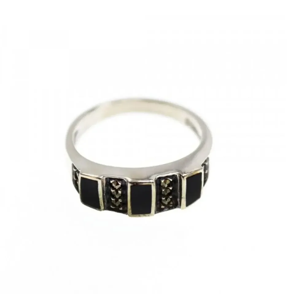 925 Sterling Silver Black Nephrite & Marcasites Ring Size 5.75